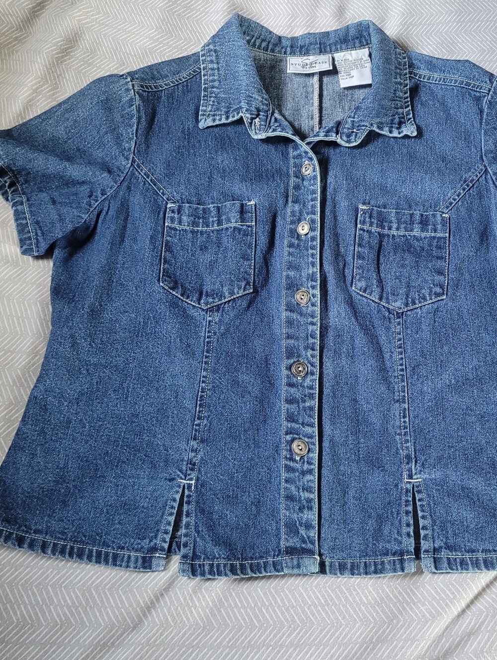 Short Sleeve Denim Shirt Jacket Button Up Petite 14P Vintage 90s